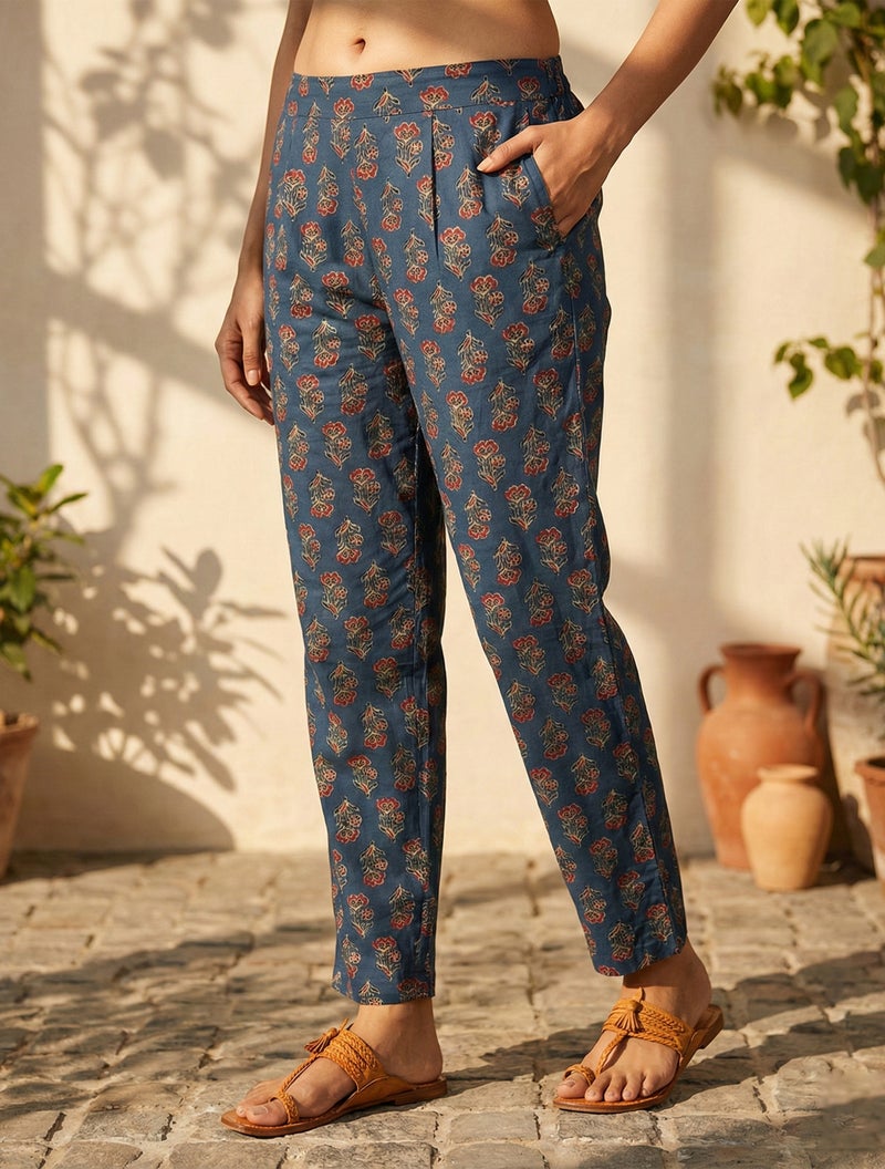 trueBrowns Blue Boota Print Angrakha Kurta Pant Dupatta Set - Image 4